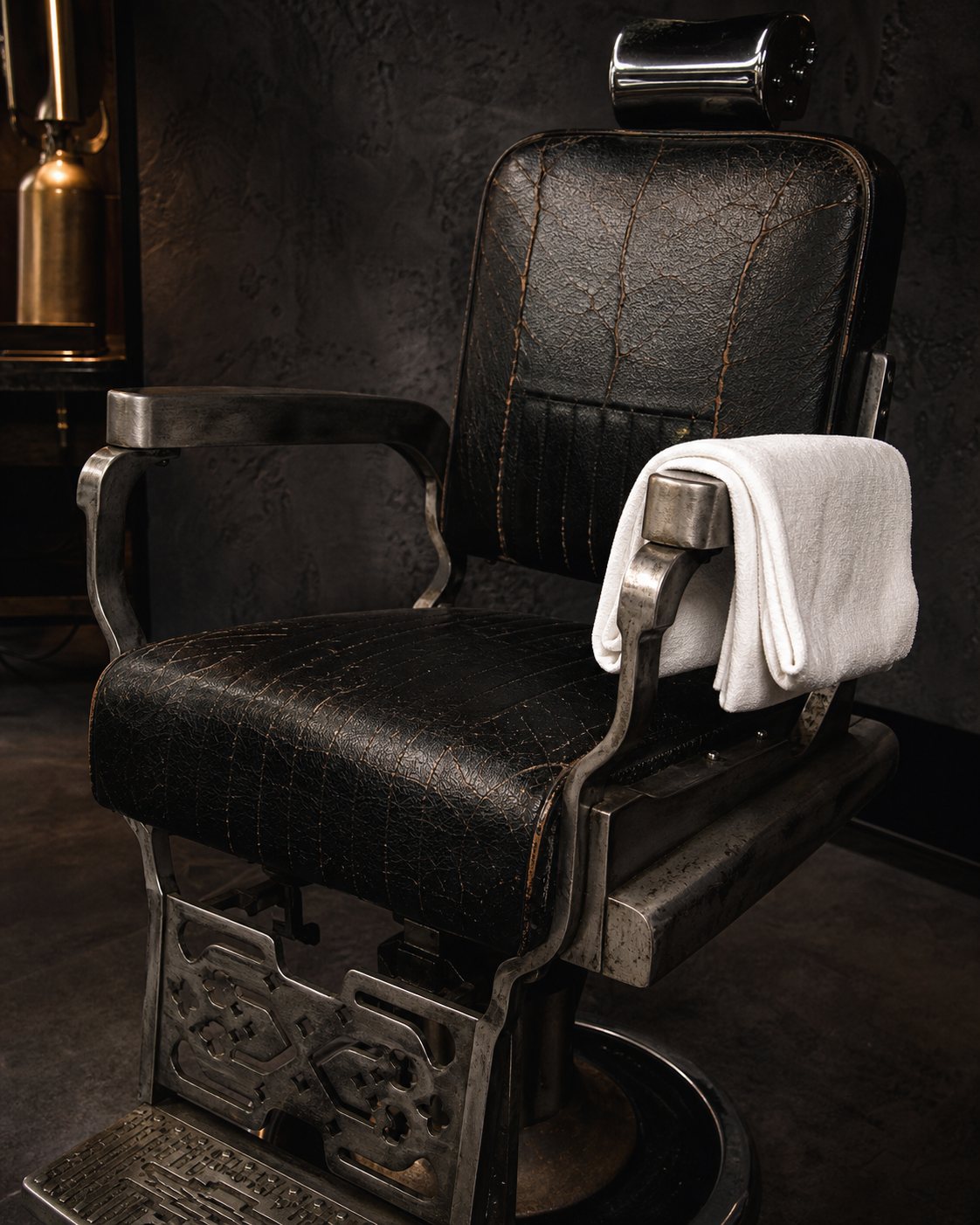 The second barber chair, black leather on a steel base, with a folded towel over the arm