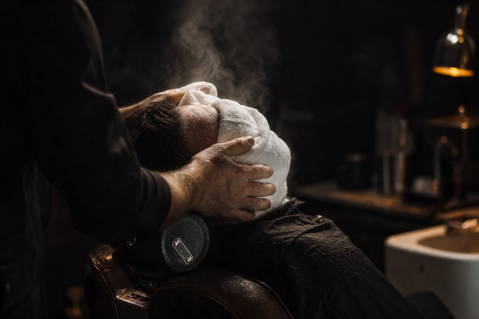 A hot towel wrapped over a customer's face before a straight-razor shave
