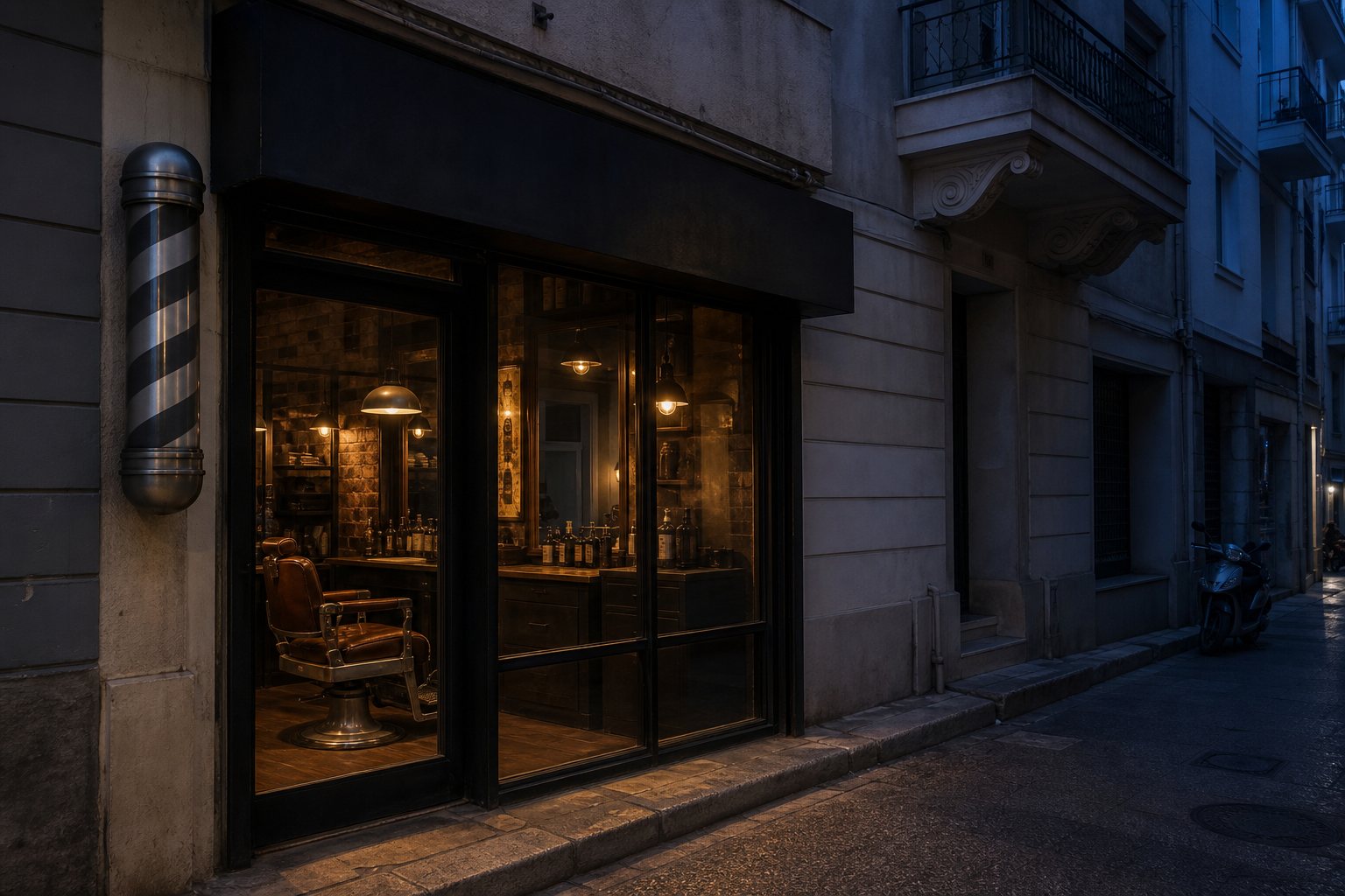 The Ferro shopfront on Drakou street at dusk, barber pole lit beside the window