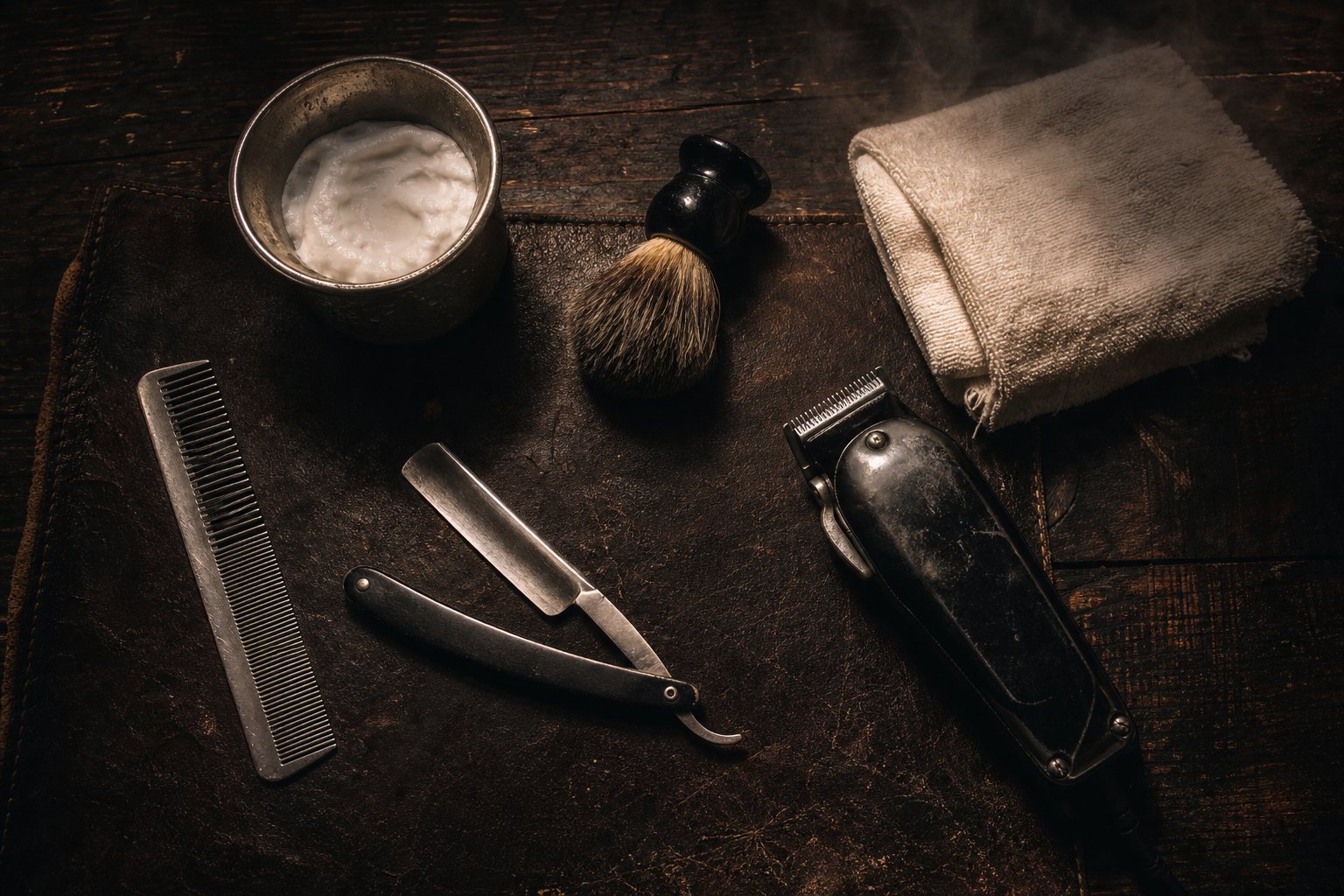 Comb, straight razor, badger brush, clippers and a hot towel laid out on leather